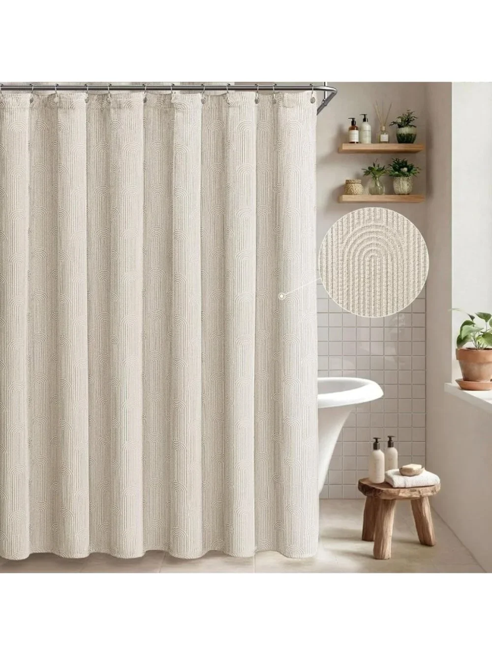 Boho Minimalist Shower Curtain - Cotton Arch Texture, Greige 72x72 for Bathroom